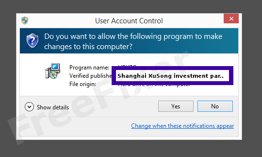 Screenshot where Shanghai XuSong investment partnership Enterprise(Limited) appears as the verified publisher in the UAC dialog